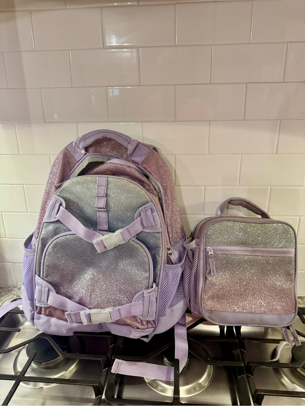 Pottery Barn Kids Lavender Glitter Backpack and Lunchbox Set
